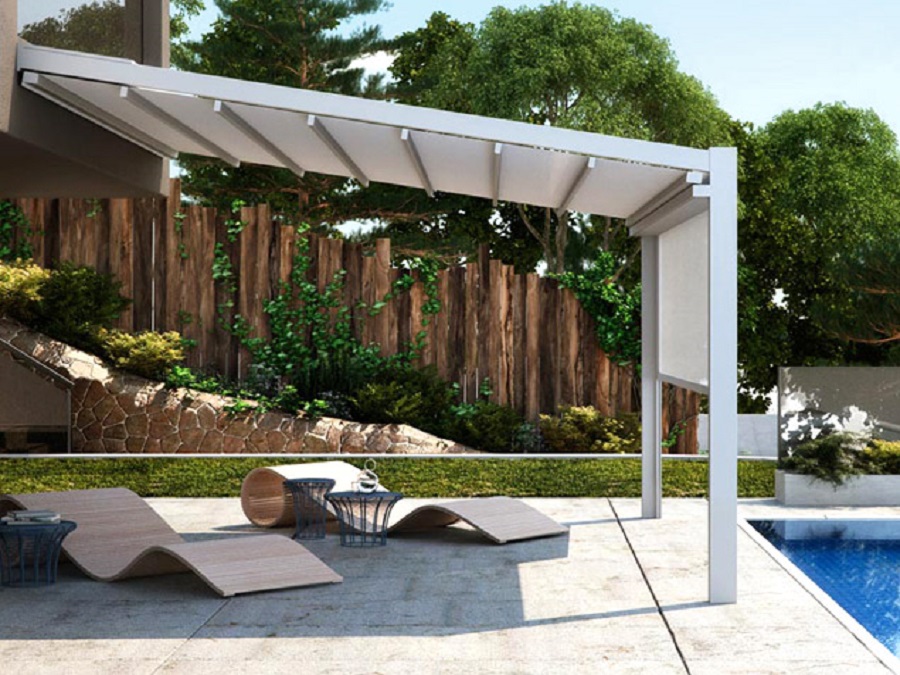 PERGOLA IN ALLUMINIO CON TENDA INTEGRATA A SCOMPARSA FUSION